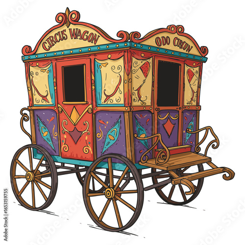 Vintage circus wagon with vibrant colors and ornate details. Vector illustration