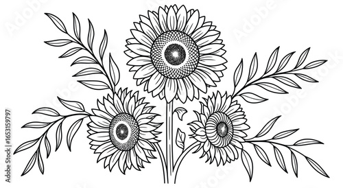 Intricate black and white sunflower line art – elegant botanical illustration with symmetrical leaves and detailed floral design