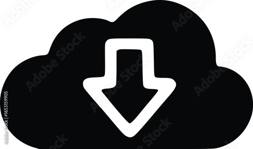 Black cloud icon with a white downward arrow, representing downloading or data transfer.