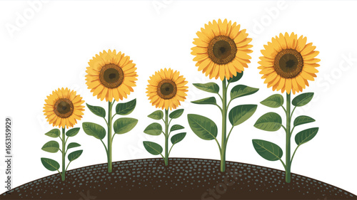 Five sunflowers growing in soil – cheerful botanical illustration with yellow petals, brown centers, and green leaves in a row