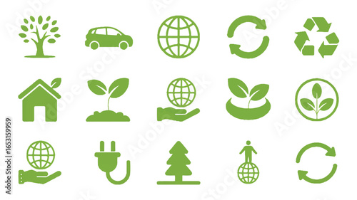 Green eco-friendly icons symbolizing environmental sustainability and conservation efforts