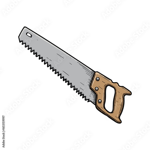 Handheld woodworking saw with wooden handle and steel blade for cutting. Vector illustration