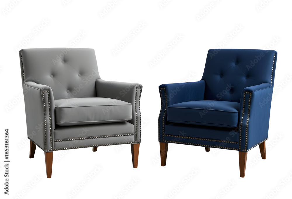 Fototapeta premium Two stylish armchairs in gray and blue on a transparent background