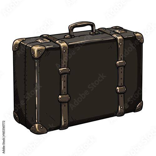 Vintage leather suitcase with brass accents and sturdy straps on white background. Vector illustration
