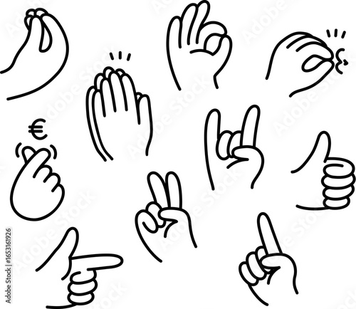 Cartoon Italian hands gesture set. Simple hand drawn doodle icons. Pinched fingers, chef's kiss, horns, money. Black and white line art, vector illustration.