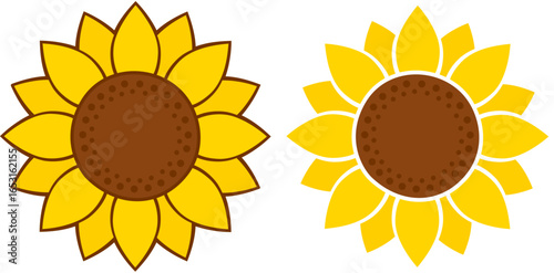 Simple sunflower illustration, with dark and white outline. Vector graphics for logo or icon.