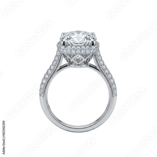 Elegant diamond engagement ring with intricate band design isolated on transparent background