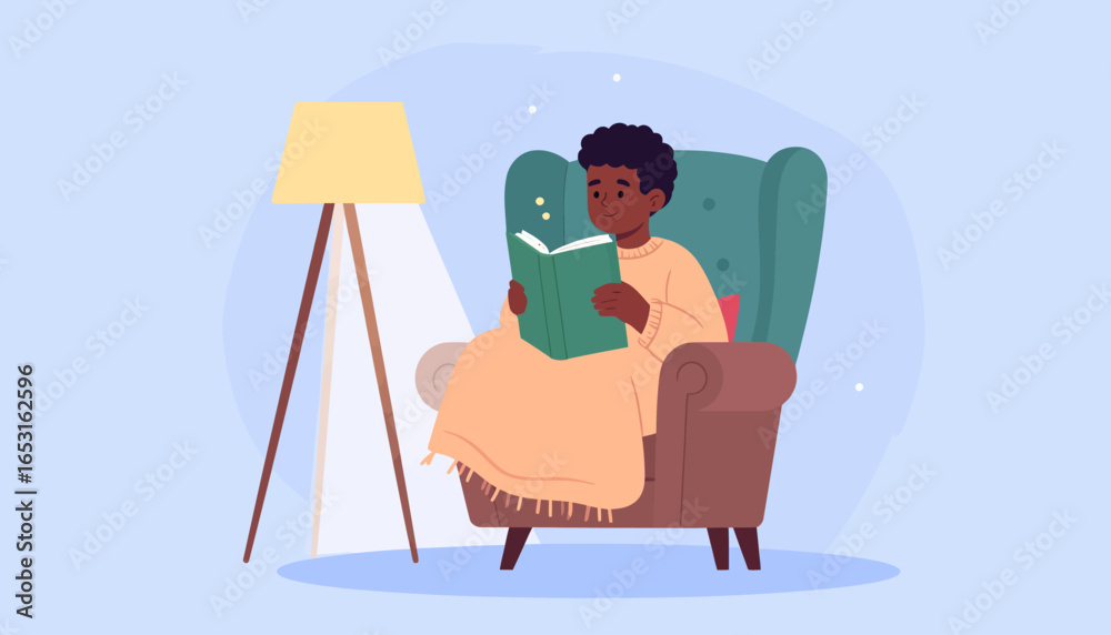 Obraz premium Cozy Reading A Child Engrossed in a Book, Relaxing in an Armchair Under a Lamp