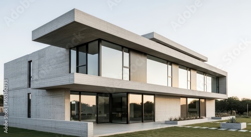 Modern Concrete Home with Expansive Windows Reflecting Sunset Light