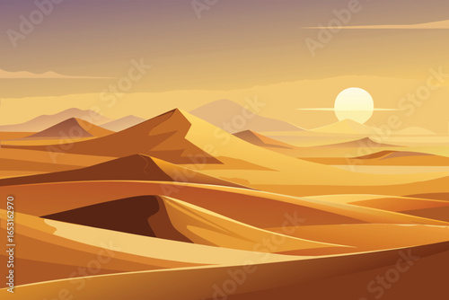 Desert landscape with sand dunes at sunset. Vector illustration.