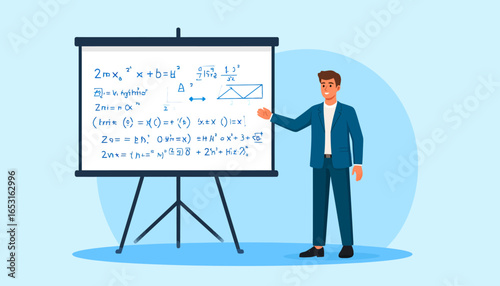 Professor explaining scientific theory and complex mathematical equations during a university lecture.
