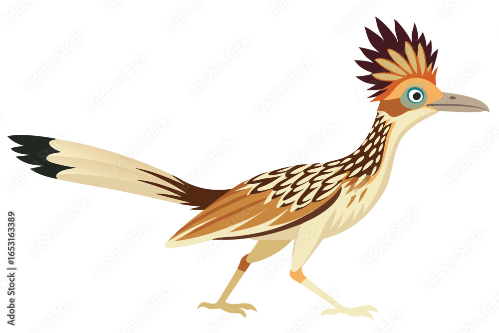 Fototapeta premium Cartoon Roadrunner Striding with a Distinct Crest, Brown Plumage, and a Sleek Design Against a Plain White Background