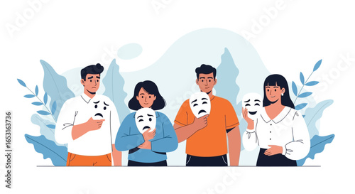 Emotions and Expression Illustration with People Holding Masks