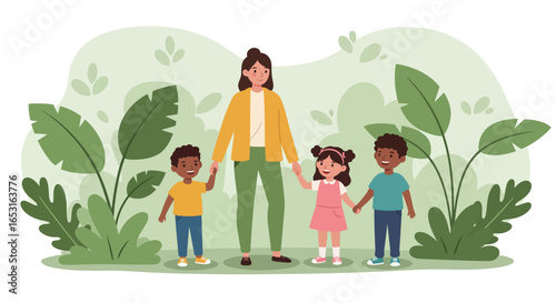 Mother and Children Illustration in Nature