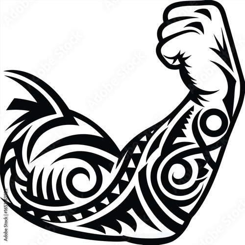 Stylized Arm Muscle Tribal Tattoo Black Swirls on White Background Design