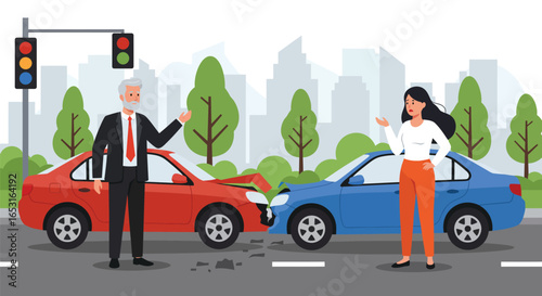Car Accident Illustration with Two Drivers Discussing