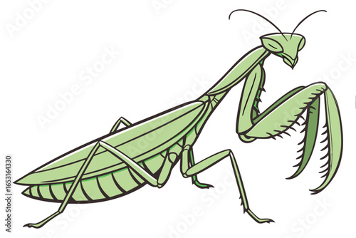 A Cartoon Praying Mantis Illustration Depicts a Green Insect with Detailed Limbs and a Striking Pose