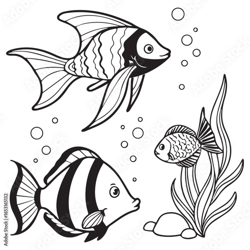 Three stylized black and white outline drawings of tropical fish swimming among bubbles and seaweed