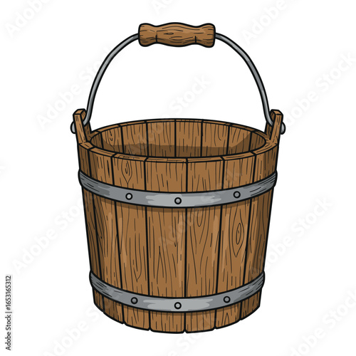 Wooden bucket with metal handle and bands on white background. Vector illustration