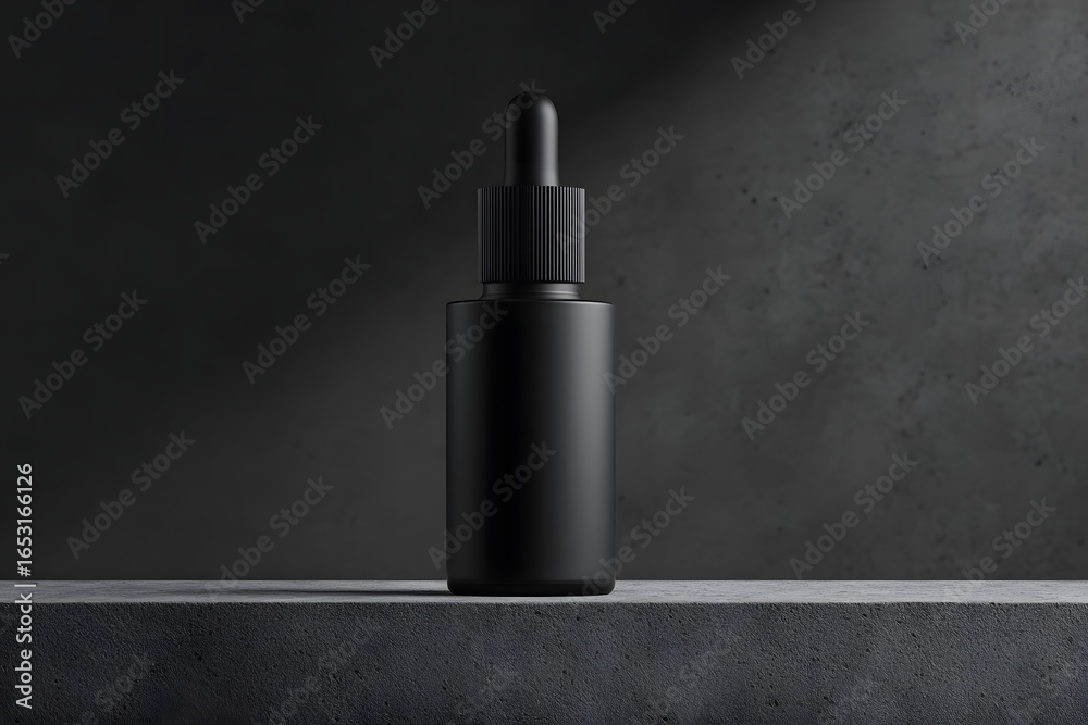 Fototapeta premium Sleek Black Serum Bottle: A minimalist, high-angle shot of a sophisticated black serum bottle with a dropper, showcasing elegance, beauty, and the essence of skincare.