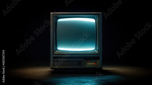 a crt television set from early 2000s on a black seamless background, the screen is giving an ominous glow