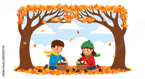 Adobe illustrator artwork vector illustration. Three happy children gather acorns in baskets amidst fallen autumn leaves under colorful trees and a bright sky with fluffy clouds