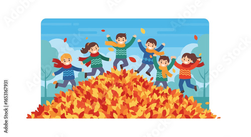 Adobe illustratochildren, vectorr artwork vector illustration. Five joyful children play and jump in a huge pile of colorful autumn leaves under a bright blue sky with falling leaves and autumn trees.