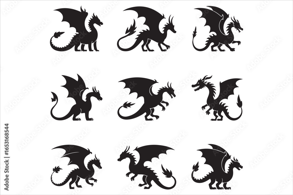 Naklejka premium Dragon Silhouette Bundle – Mythical Fantasy Creatures Vector Set