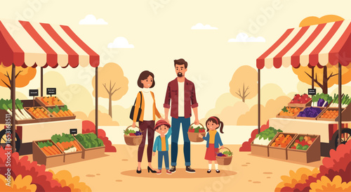 Adobe illustrator artwork vector illustration. A family of four shops at a vibrant autumn farmers market, browsing fresh produce like pumpkins, apples, and greens under colorful canopies and trees