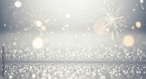 Sparkling silver glitter surface with bright bokeh and celebratory fireworks exploding against a softly blurred gray background Celebration Festive Sparkle