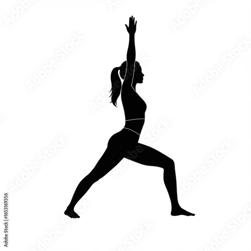 Silhouette of a woman in warrior ii yoga pose isolated on white background