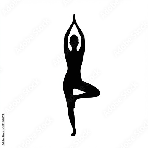 Silhouette of a woman in a yoga tree pose isolated on white background
