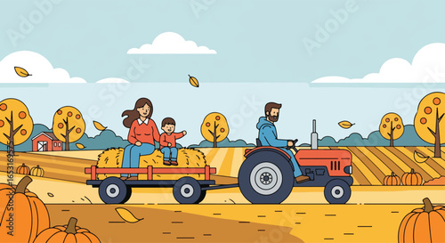 Adobe illustrator artwork vector illustration of a farm family on a tractor hayride. Father, Mother and child enjoying an autumn harvest festival in the countryside. Rural seasonal activity concept.