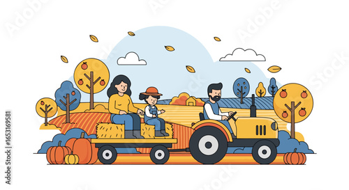 Adobe illustrator artwork vector illustration of a farm family on a tractor hayride. Father, Mother and child enjoying an autumn harvest festival in the countryside. Rural seasonal activity concept.