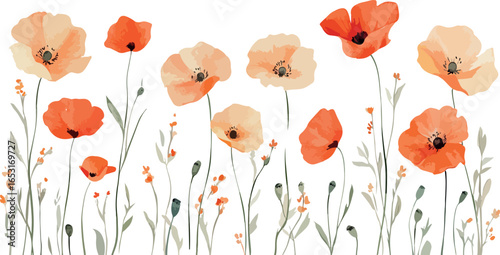 Delicate watercolor painting of vibrant orange and peach poppies blooming in a field