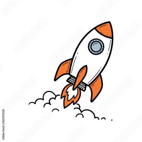 Colorful cartoon rocket launch with smoke trail in white background. Vector illustration