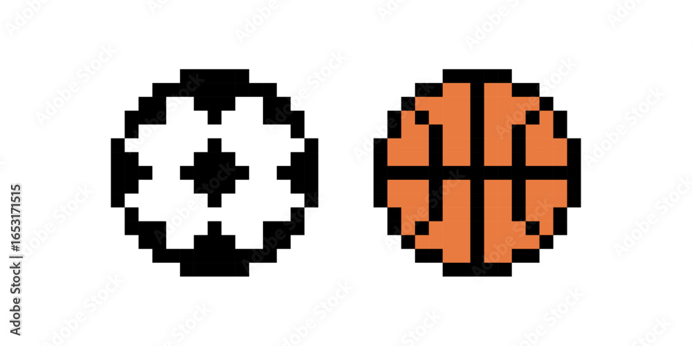 Fototapeta premium Sport Balls icons, Pixelated illustration of a soccer ball and basketball side by side, Retro Pixel Sports Icons, Minimalist 8-Bit Sports Graphics, Classic Digital Sports Pixel Art Design, Pixel art.