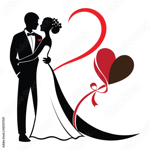 Elegant silhouette of a bride and groom embracing with red heart embellishments