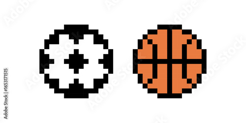 Sport Balls icons, Pixelated illustration of a soccer ball and basketball side by side, Retro Pixel Sports Icons, Minimalist 8-Bit Sports Graphics, Classic Digital Sports Pixel Art Design, Pixel art.
