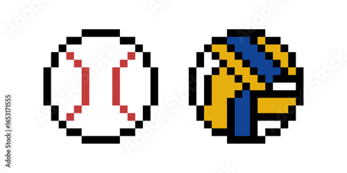 Sport Balls icons, Sports balls, Pixelated illustration of a baseball and volleyball side by side, Retro Pixel Sports Icons, Minimalist 8-Bit Sports Graphics, Classic Digital Sports icons, Pixel art.