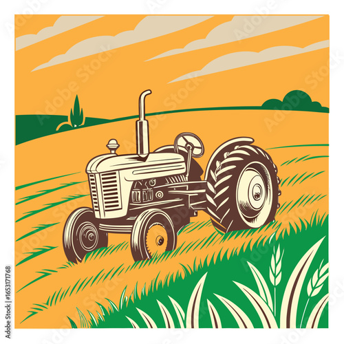 Vintage tractor cultivating a sunlit field under an orange and yellow striped sky