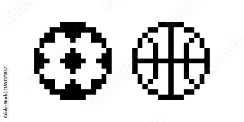 Sport Balls icons, Pixelated symbols of a soccer ball and basketball side by side, Retro Sports Icons, Minimalist Pixel Art, Black and White Sports Graphics, Digital 8-Bit Sports Design, Pixel art.