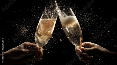 2 hands cheersing champagne flutes that are sparkling the champange splashes out, bright dramatic lighting, isolated on black