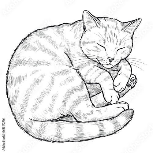Detailed black and white sketch of a sleeping cat with striped fur. Vector illustration