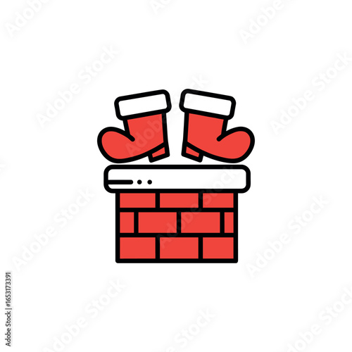 Christmas santa boots on brick chimney cartoon icon on white background. Vector illustration