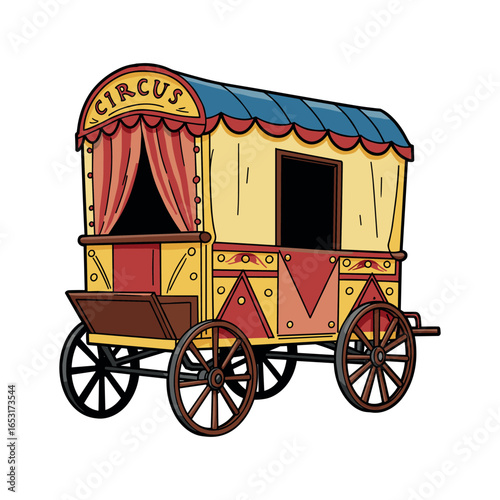 Vintage circus wagon with colorful canopy and curtains on wheels. Vector illustration
