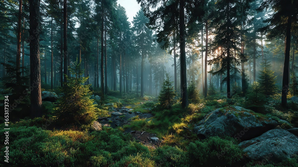 Obraz premium Enigmatic Forest Scene in Morning Fog with Sunlight Filtering through Majestic Tree Silhouettes Evoking Tranquility