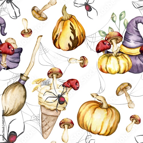 watercolor bright autumn pattern with pumpkin halloween