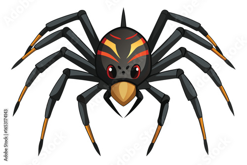 Cartoon Black Widow Spider with Red Markings and Eight Legs Stands Guard Against Unsuspecting Prey Ready to Pounce