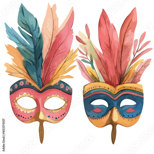 Two watercolor masquerade masks with colorful feathers and decorative details